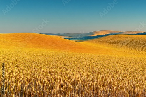 A detailed close-up panoramic view of golden wheat fields gently swaying in the breeze under a clear azure sky during a vibrant sunset. Warm sunlight casts a golden glow over the landscape.