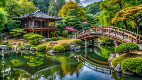 Harmonious zen garden featuring lush greenery, a traditional pavilion, and a peaceful pond, creating a serene and tranquil atmosphere.