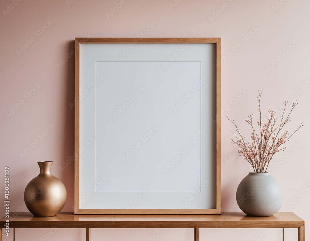 Mock up frame setting on a table behind a pink wall with minimal decoration Mock up frame setting on a table behind a pink wall with minimal decoration