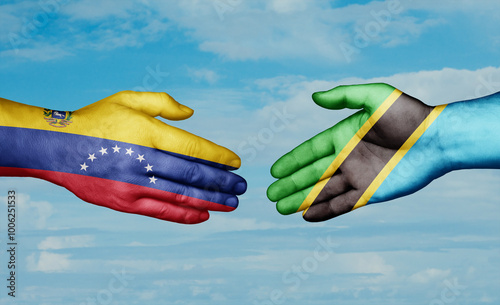 Tanzania and Venezuela country handshaking with flags, consensus concept international co-operation illustration photo