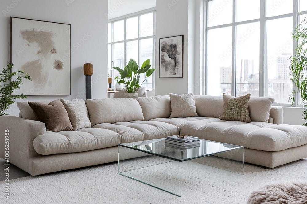 Fototapeta premium A mid-century modern interior photo of a living room with large windows and a sofa and table. Generative AI 