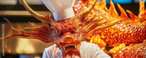 A chef transformed into a dragon, fiery colors, intricate details, blending culinary elements with fantasy