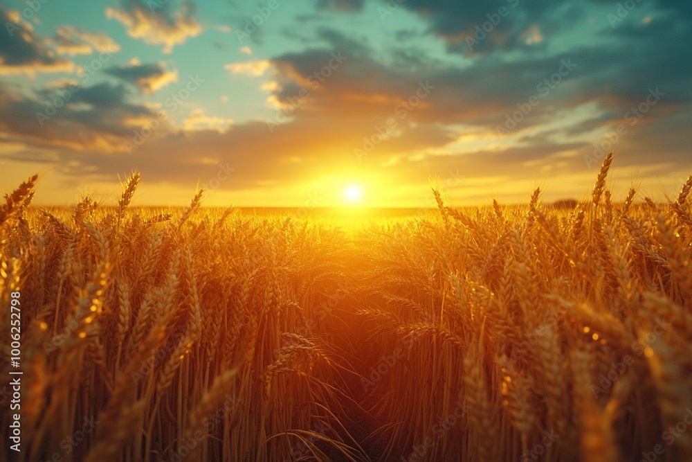 A detailed close-up panoramic view of golden wheat fields gently swaying in the breeze under a clear azure sky during a vibrant sunset. Warm sunlight casts a golden glow over the landscape. A detailed close-up panoramic view of golden wheat fields gently swaying in the breeze under a clear azure sky during a vibrant sunset. Warm sunlight casts a golden glow over the landscape.