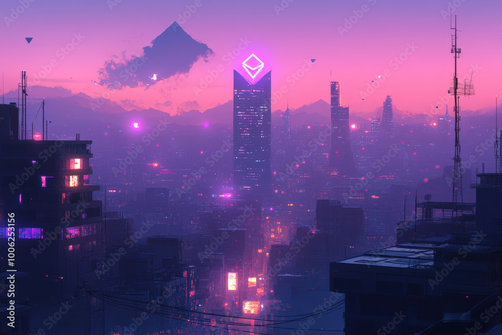 Obraz premium Cyberpunk Cityscape at Dusk