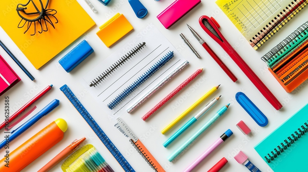 A close-up picture shows a desk arranged with a variety of colorful stationary items. A close-up picture shows a desk arranged with a variety of colorful stationary items.