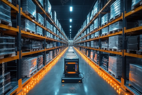 A robotic cart moves through a warehouse aisle, transporting goods between storage shelves.