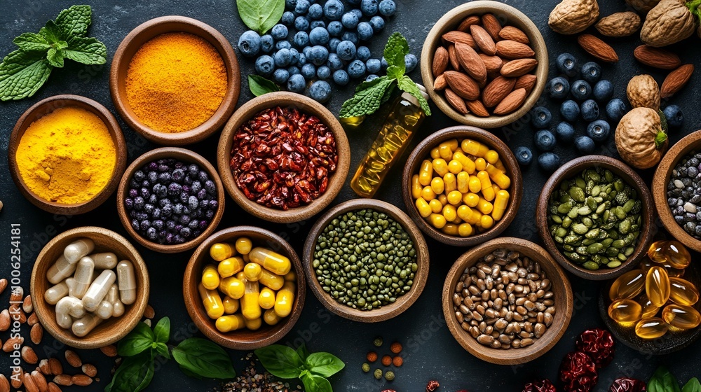 Assortment of fresh, dry beans and lentils in a bowl, with a sprinkle of red pepper and green herbs Assortment of fresh, dry beans and lentils in a bowl, with a sprinkle of red pepper and green herbs