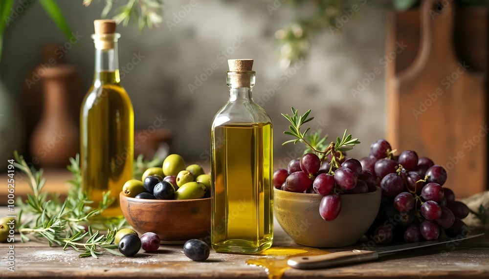 Comparison of Grapeseed Oil and Olive Oil Bottles in a Rustic Kitchen Setting Comparison of Grapeseed Oil and Olive Oil Bottles in a Rustic Kitchen Setting