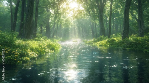 A tranquil river winds its way through a lush green forest, sunlight streaming through the canopy.