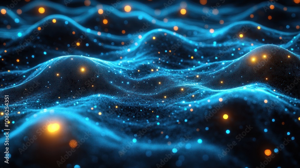 Abstract blue and orange glowing particles in wave form on dark background. Abstract blue and orange glowing particles in wave form on dark background.