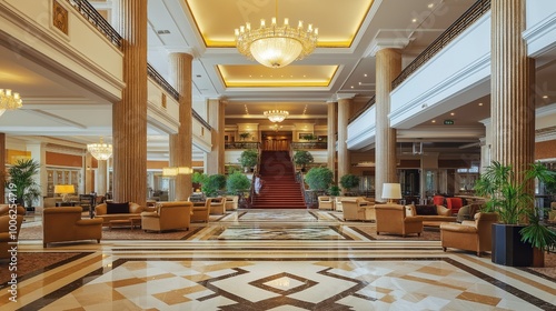 a lavish and roomy hotel lobby filled with tasteful furniture and a large chandelier