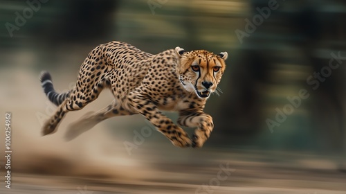 A cheetah running at full speed. Four legs together in the middle.