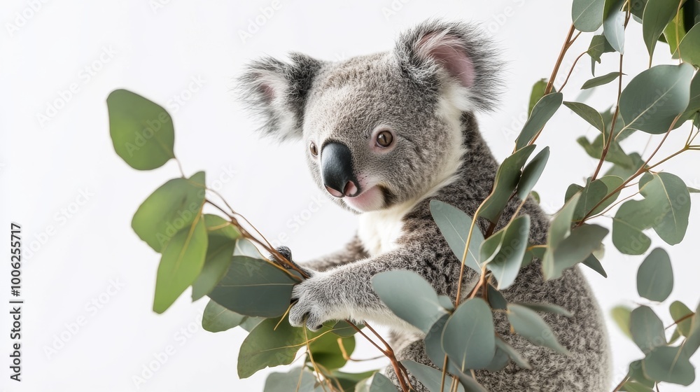 Cute australian koala eating eucalyptus leaves on white background Cute australian koala eating eucalyptus leaves on white background