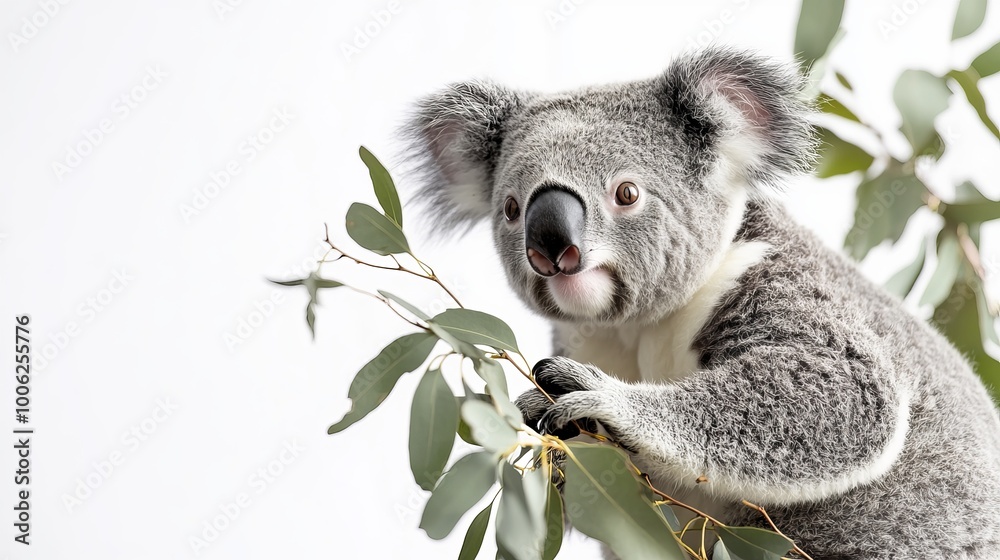 Fototapeta premium Cute koala bear eating eucalyptus leaves on white background