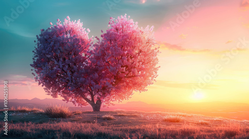 Pink sakura tree in the shape of a heart against a sunset background. Tree of love in spring. Beautiful landscape.