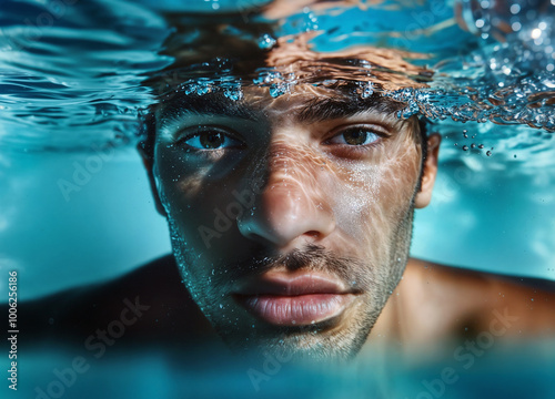 Close-up portrait of a serious man's head half-submerged in clear water clear, eyes open	
 photo