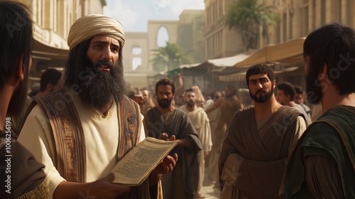 scene depicting Acts 15:1 in the city of Antioch. A heated discussion between Judaizers and local Gentiles in the central plaza. photo