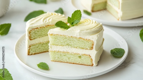 Delicious cake with mint flavoring sitting on white plate