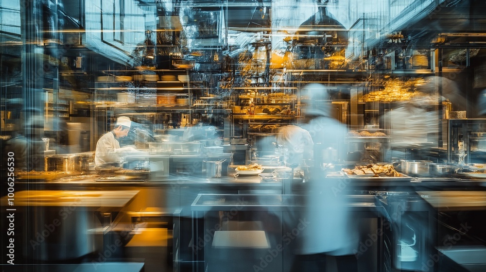 An extended shot of a busy kitchen filled with chefs busy preparing food, displaying a motion blur of their movements