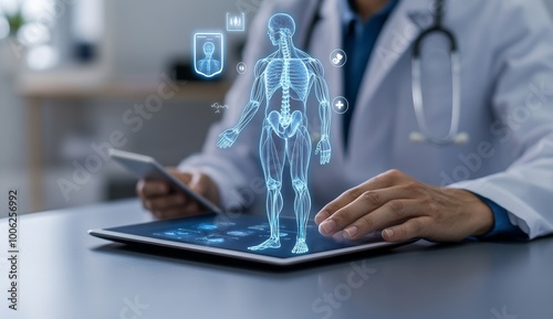 Doctor Using Tablet with Holographic Medical Icons photo