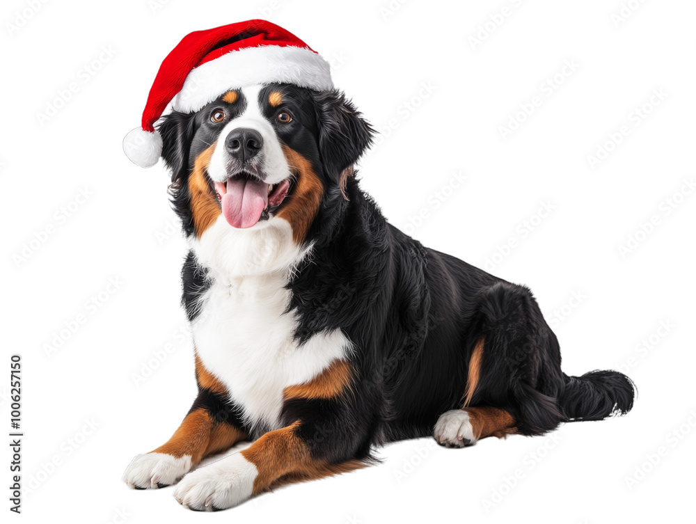 Happy Bernese Mountain Dog wearing a Santa hat on transparent background, festive Christmas and New Year canine in holiday costume for seasonal greetings and celebration Happy Bernese Mountain Dog wearing a Santa hat on transparent background, festive Christmas and New Year canine in holiday costume for seasonal greetings and celebration