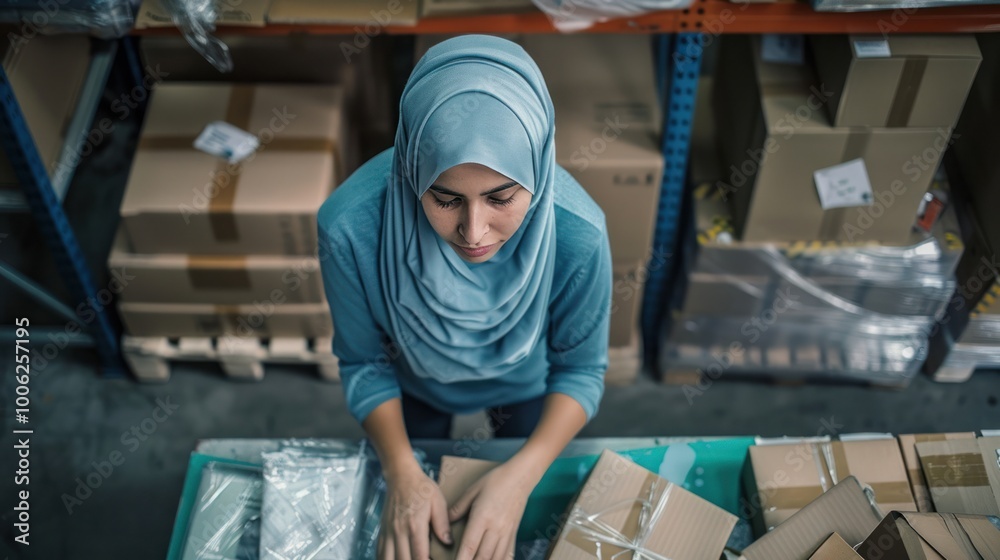 Woman Packing Boxes In Warehouse Woman Packing Boxes In Warehouse