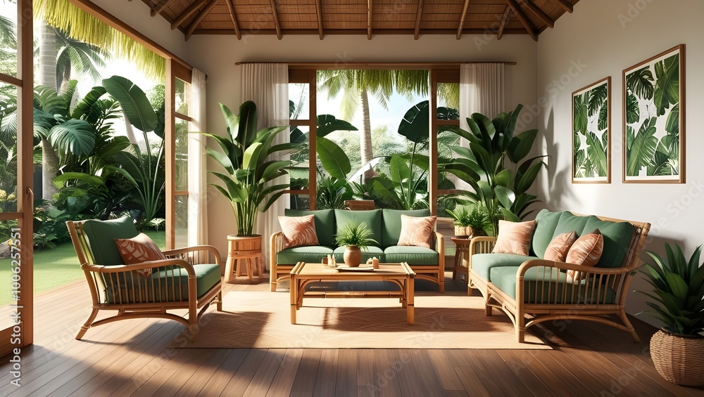 Fototapeta premium A serene tropical living room with rattan furniture