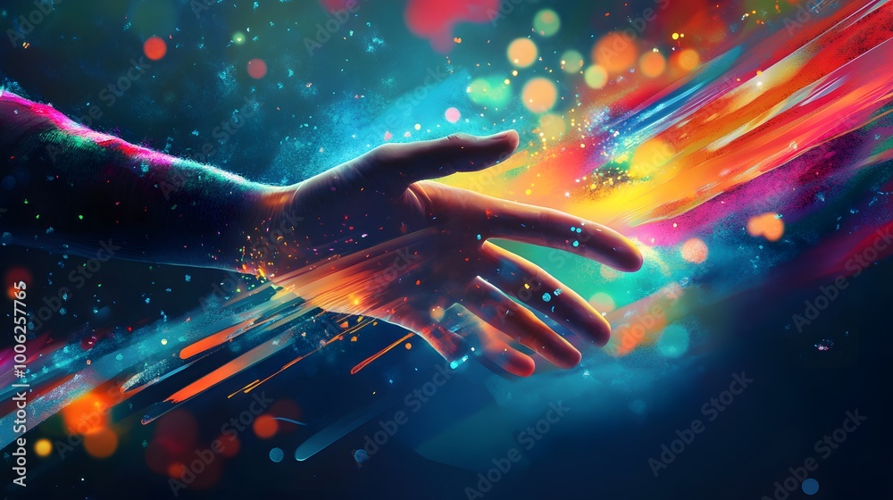 A hand reaching out to another hand in a colorful, abstract background. Concept of connection and unity, as if the two hands are reaching out to each other in a shared experience A hand reaching out to another hand in a colorful, abstract background. Concept of connection and unity, as if the two hands are reaching out to each other in a shared experience