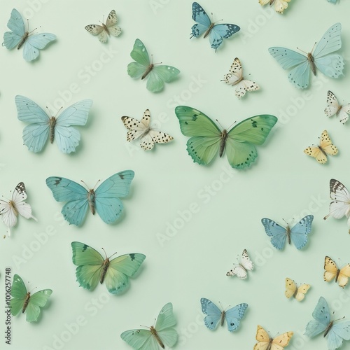 Soft green background with scattered butterflies, creating a whimsical and delicate pattern ideal for wallpapers or fabrics.  photo