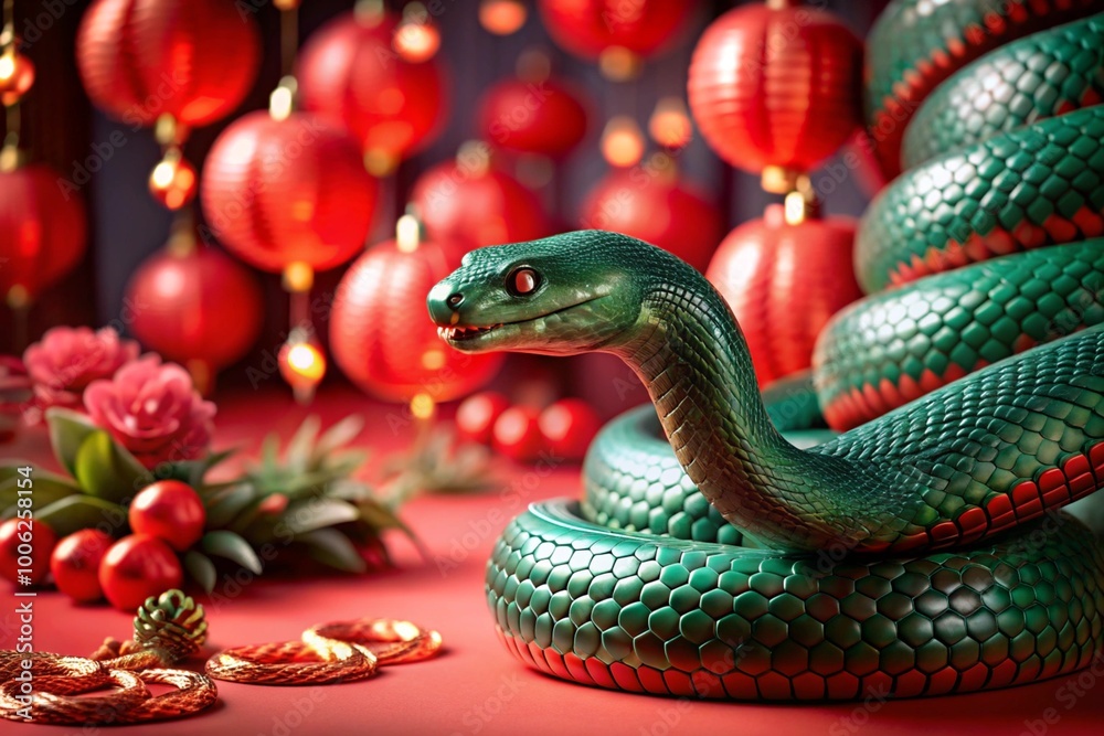 Fototapeta premium Happy New Year 2025. The symbol of the year is a green snake on the background of Chinese red lanterns. A festive poster or banner for a party and New Year's Eve.