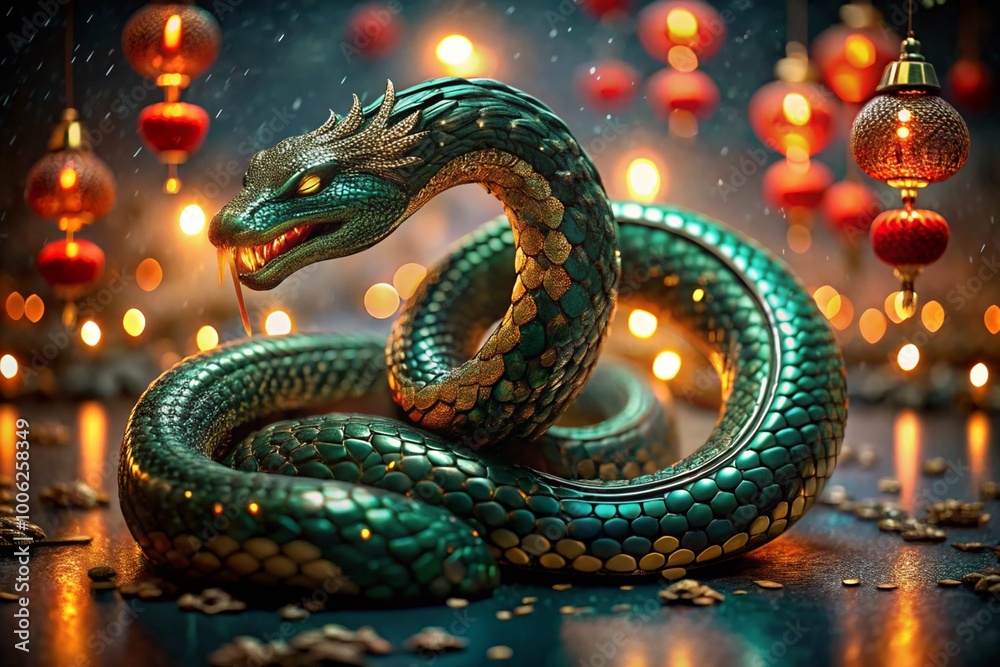 Happy New Year 2025. The symbol of the year is a green snake on the background of Chinese red lanterns. A festive poster or banner for a party and New Year's Eve. Happy New Year 2025. The symbol of the year is a green snake on the background of Chinese red lanterns. A festive poster or banner for a party and New Year's Eve.