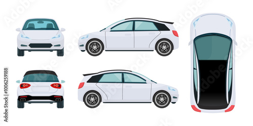 White Electric Vehicle Views: Car Projections from All Angles, Front, Back, Top, Rear, and Side view. Vector.