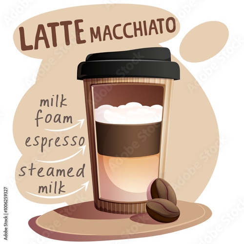 Latte macchiato coffee in paper cup with coffee beans. Vector illustration for banner, website, poster, menu. Illustration for cafe, coffee house, bar, food concept, recipe