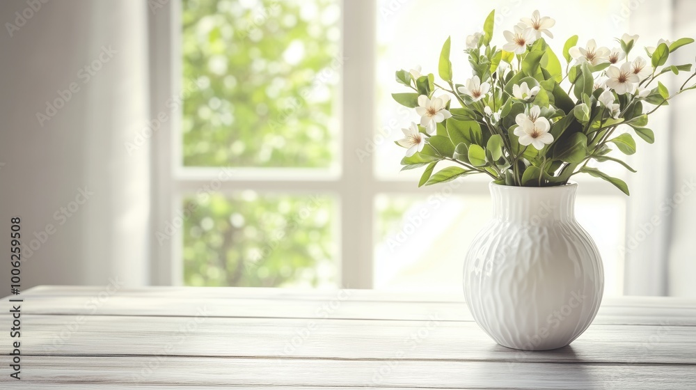 Springtime Serenity: A White Vase with Delicate Flowers on a Windowsill. The soft sunlight streaming through the window illuminates the vibrant blooms, creating a peaceful and inviting atmosphere. Springtime Serenity: A White Vase with Delicate Flowers on a Windowsill. The soft sunlight streaming through the window illuminates the vibrant blooms, creating a peaceful and inviting atmosphere.