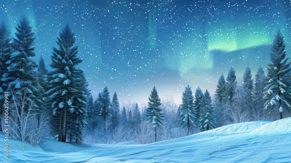 A panoramic view of a snowy pine forest under a clear, starry night sky, with the northern lights dancing above, surrealism, cool blues and greens, soft glow, dreamlike atmosphere A panoramic view of a snowy pine forest under a clear, starry night sky, with the northern lights dancing above, surrealism, cool blues and greens, soft glow, dreamlike atmosphere