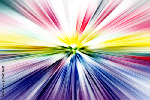 Abstract surface of blur radial zoom in rainbow tones on white background. Bright spectacular background with radial, diverging, converging lines.	
