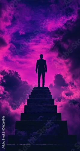 A silhouette of an individual standing at the top step