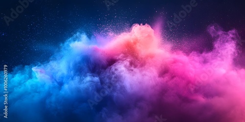 Colorful powder explosion featuring vibrant rainbow hues and cosmic dust, depicting an abstract background of dynamic particles in motion, creating a dreamy atmosphere and surreal texture.