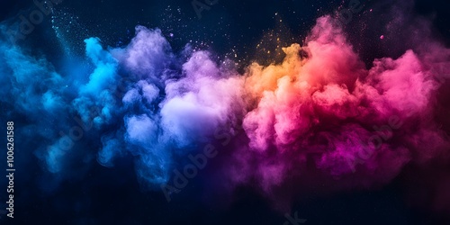 Colorful powder explosion featuring vibrant rainbow hues and cosmic dust, depicting an abstract background of dynamic particles in motion, creating a dreamy atmosphere and surreal texture.