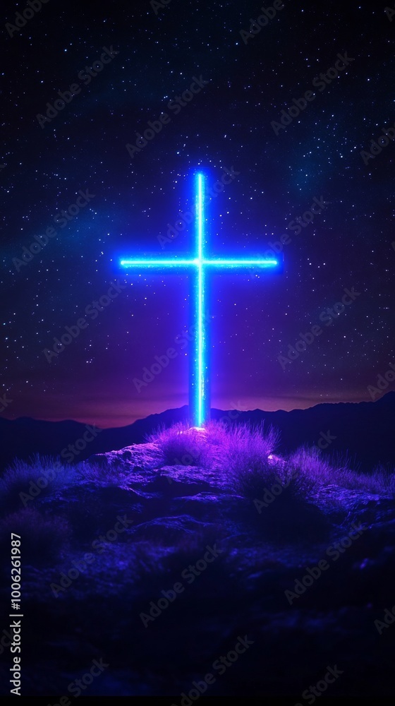 Naklejka premium Glowing neon blue cross standing on a mountain at night