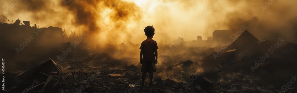 A Child Standing Alone in War-Torn Ruins Surrounded by Destruction A Child Standing Alone in War-Torn Ruins Surrounded by Destruction