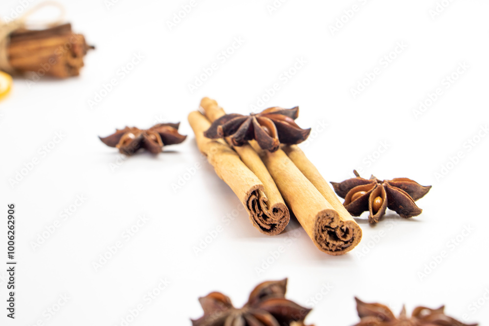 custom made wallpaper toronto digitalCut orange and different spices  on white background. Traditional festive winter beverage.Cinnamon, dried orange, anise and cloves