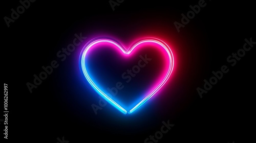 Neon heart glowing on black background representing love