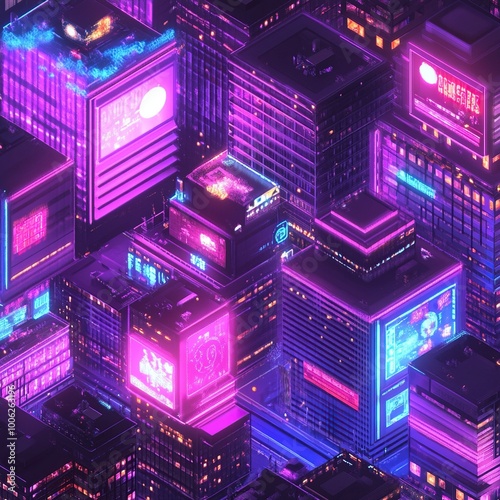 An isometric illustration of a sprawling futuristic city skyline at night.