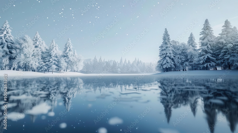 Fototapeta premium Frost-covered pine trees reflecting in a crystal-clear frozen lake