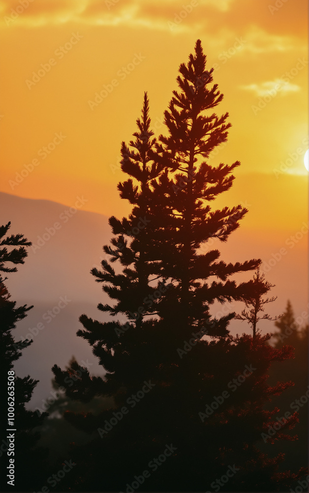 Sunset in the forest on the mountainside: sun rays break through the tree trunks during sunset. Sunset in the forest on the mountainside: sun rays break through the tree trunks during sunset.