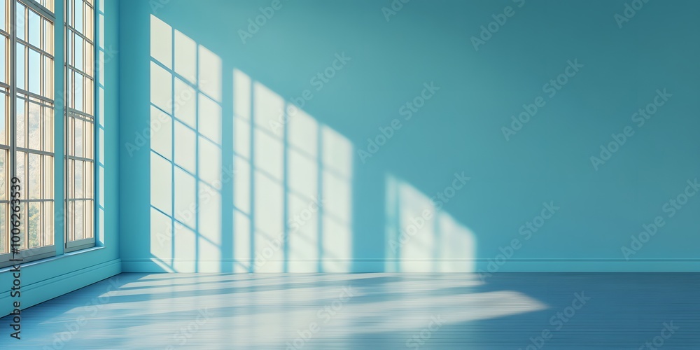 Empty room with pale blue walls and a large window, sunlight casting geometric shadows in a minimalist interior setting, creating a soft, tranquil ambiance with photorealistic quality. Empty room with pale blue walls and a large window, sunlight casting geometric shadows in a minimalist interior setting, creating a soft, tranquil ambiance with photorealistic quality.