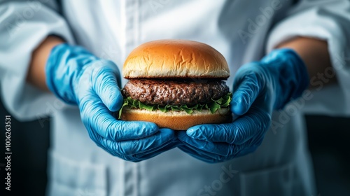 A lab technician wearing blue gloves holding a burger made with a lab-grown patty.