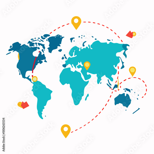 world map with a dotted line tracing a journey