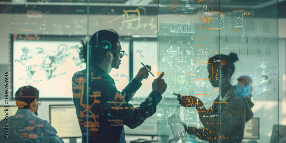 A dynamic photo of a brainstorming session, with creative doodles and diagrams drawn